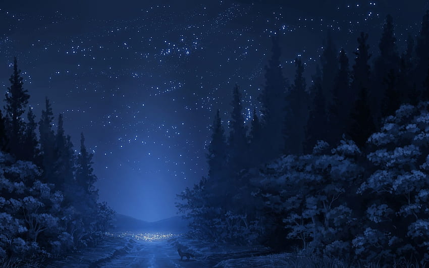 Anime Landscape, Forest, Night, Stars, Wolf, Wolf 2880x1800 HD wallpaper