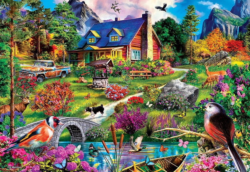 Hillside Cottage, obra de arte, río, pájaros, pintura, casa, árboles, puente, flores fondo de pantalla