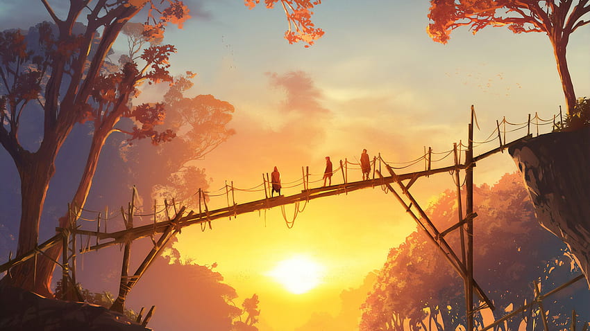 Sunset On The Wooden Bridge People Standing, Artist, , , Background, and HD wallpaper