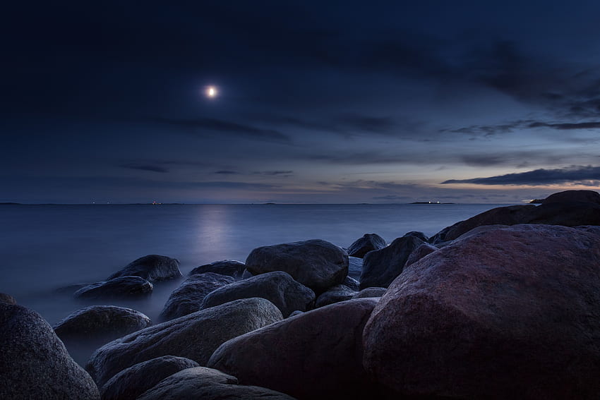 Natur, Steine, Meer, Nacht, Mond, Schein, Licht HD-Hintergrundbild