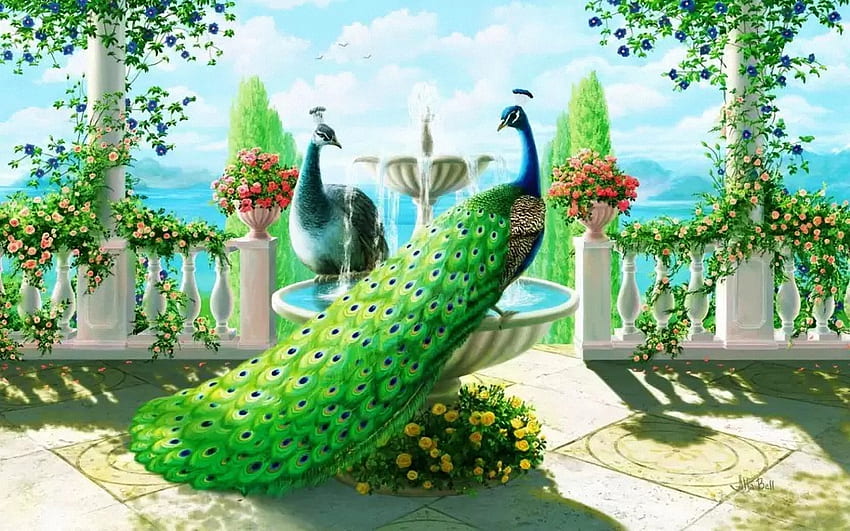 Peacocks, sea, birds, digital, art, flowers, veranda HD wallpaper