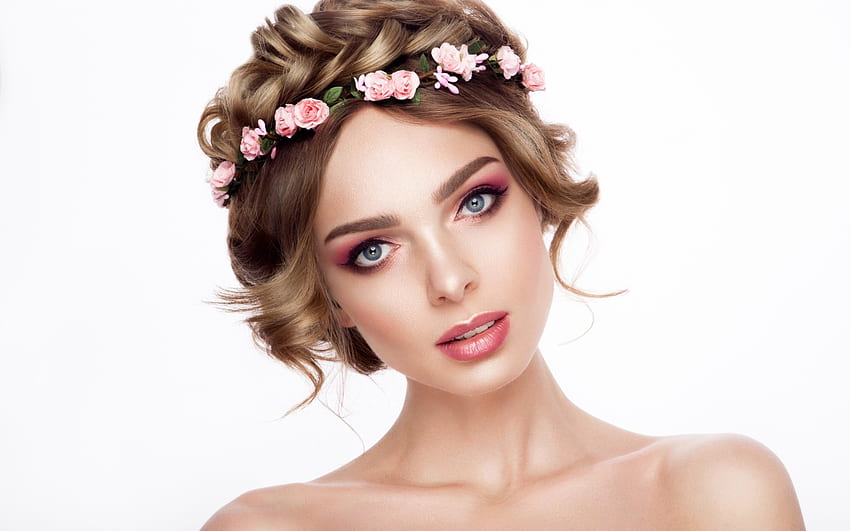 Beauty, pink, white, model, flower, face, girl, woman, wreath HD wallpaper