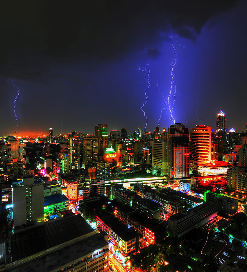 밤의 도시, 건물, 도시, 번개, 태국, 방콕 HD 전화 배경 화면