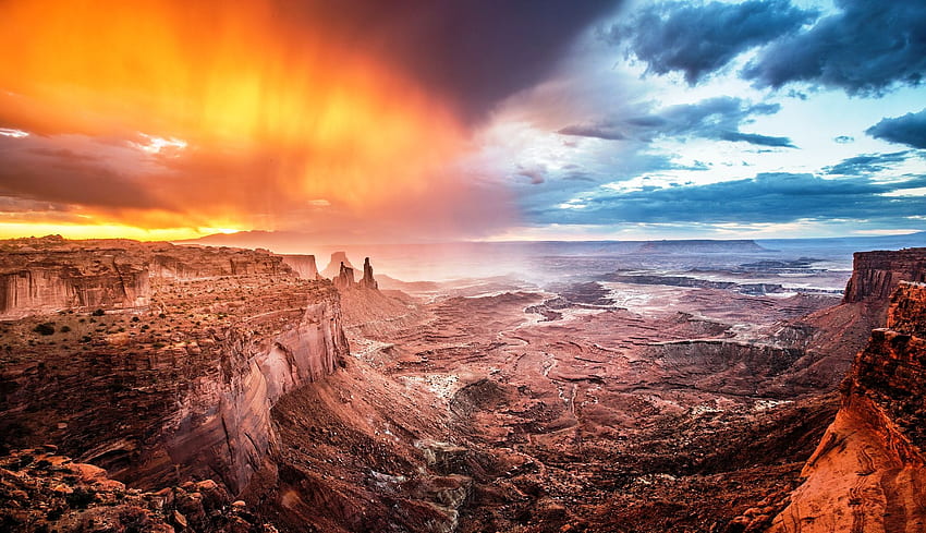 sunrise, canyon, blue, storm, white, sky, erosion, desert, red, yellow, beautiful, cliffs, Canyonlands National Park, clouds, mesas HD wallpaper