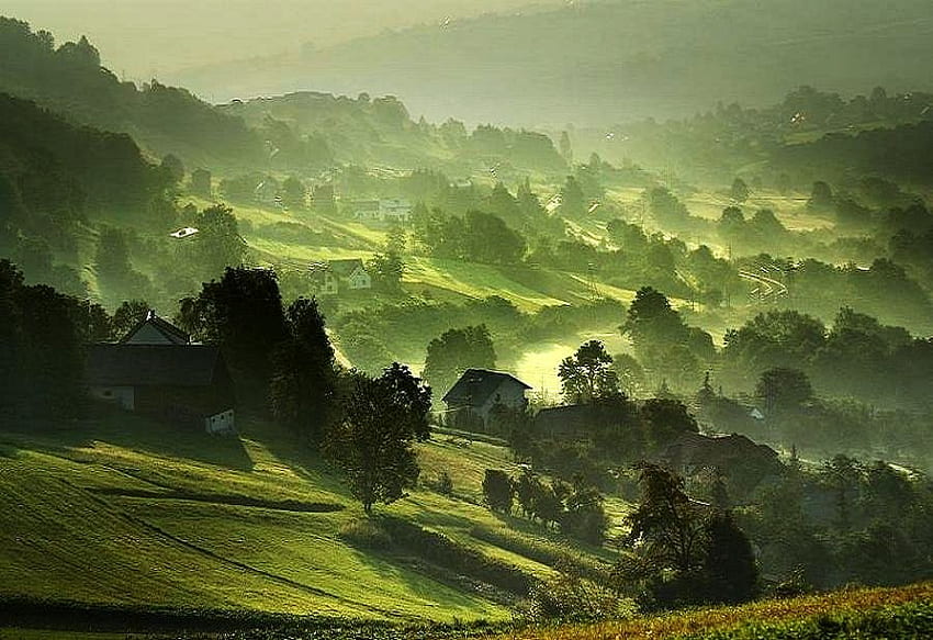 Village green, mist, hills, green, trees, grass, houses, village HD wallpaper
