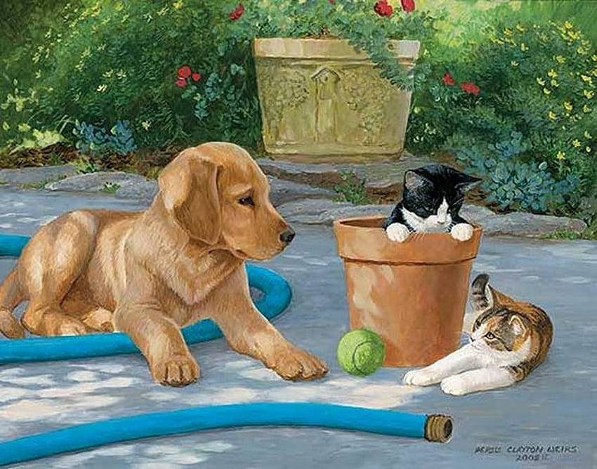By Persis Clayton, dog, kitten, puppy, persis clayton, painting, art, cat, friend HD wallpaper