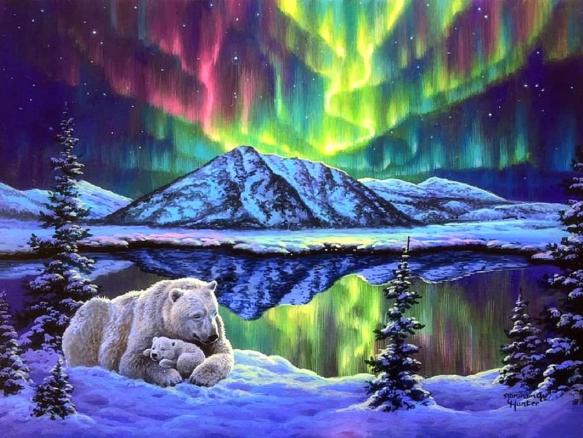 Winter's Aurora, мечки, зима, празници, зимни празници, атракции в сънищата, картини, полярно сияние, любов четири сезона, северно сияние, Коледа, сняг, природа, коледа и нова година, небе, планини HD тапет