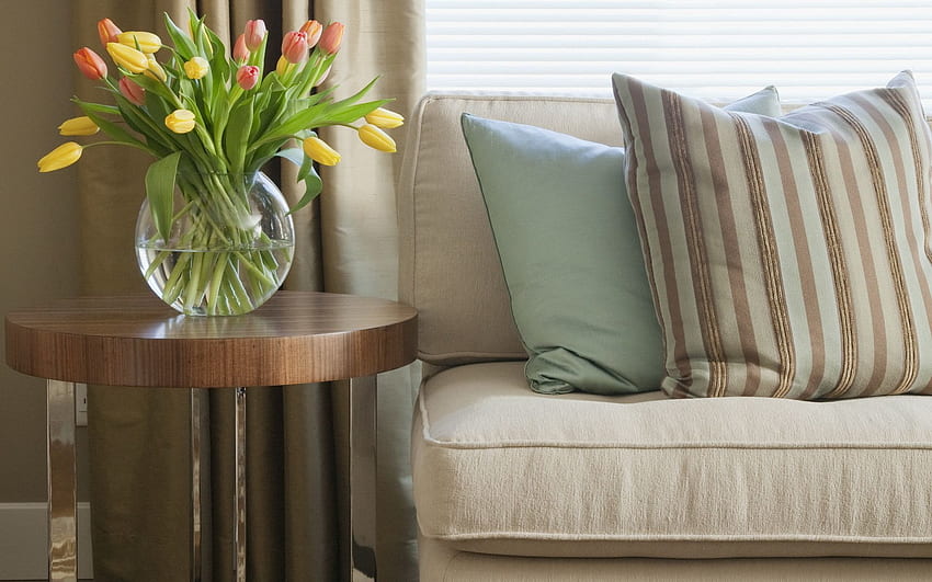 Flowers, Tulips, Interior, , , Design, Stripes, Streaks, Room, Vase, Sofa, Cushions, Pillows HD wallpaper