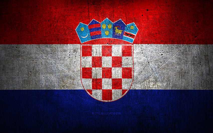 Kroatische Metallflagge, Grunge-Kunst, europäische Länder, Tag Kroatiens, nationale Symbole, kroatische Flagge, Metallflaggen, Flagge Kroatiens, Europa, kroatische Flagge, Kroatien HD-Hintergrundbild
