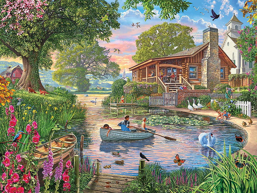 Peaceful Pond, cabin, boat, ducks, painting, trees, flowers, people HD wallpaper