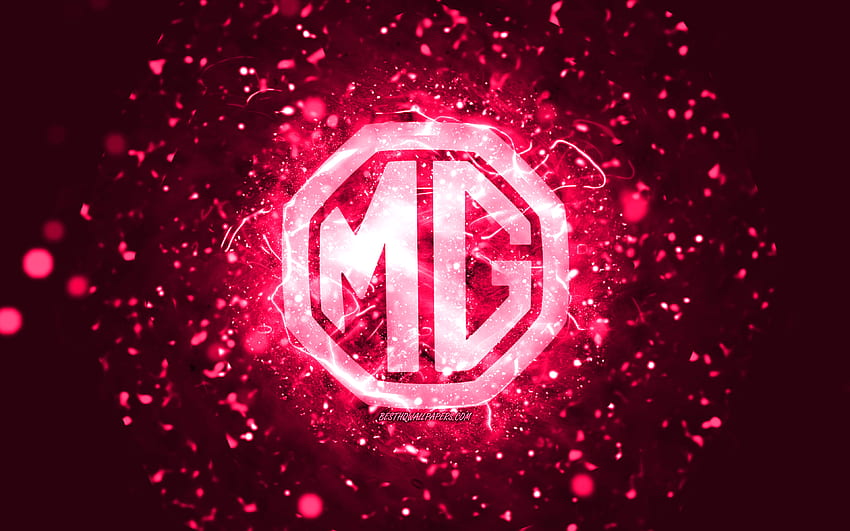 Logotipo rosa MG, luzes neon rosa, criativo, fundo abstrato rosa, logotipo MG, marcas de carros, MG papel de parede HD