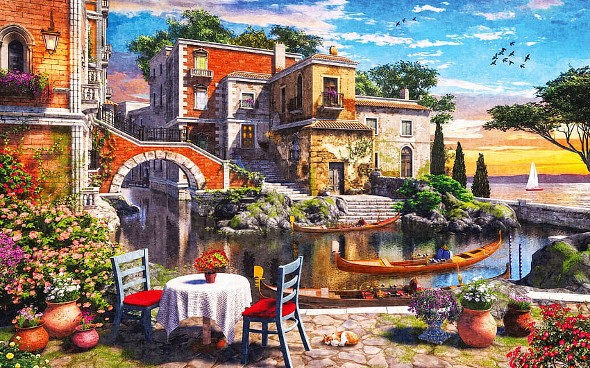Blick auf die Terrasse von Venedig, Tisch, Boot, Kunstwerk, Kanal, Stadt, Gemälde, Italien, Häuser, Stühle HD-Hintergrundbild