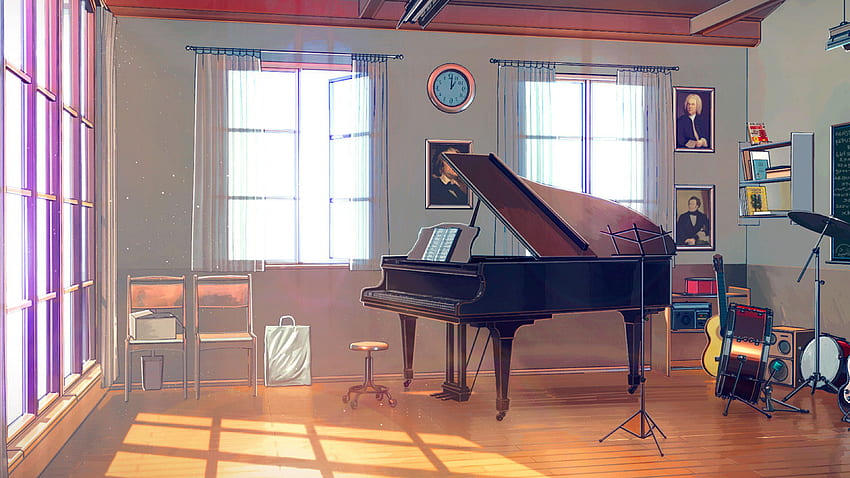 Arseniy Chebynkin Music Room Piano Illustration Art Blue, Pianist HD wallpaper