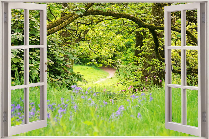 Enorme finestra 3D con vista sul bellissimo adesivo da parete della foresta verde, splendida vista primaverile Sfondo HD