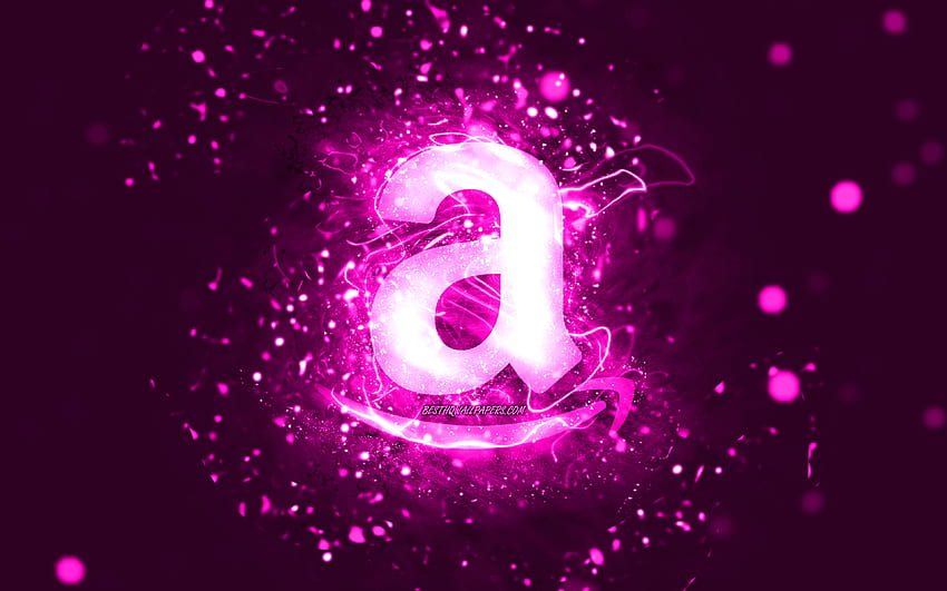 Amazon purple logo, , purple neon lights, creative, purple abstract background, Amazon logo, brands, Amazon HD wallpaper