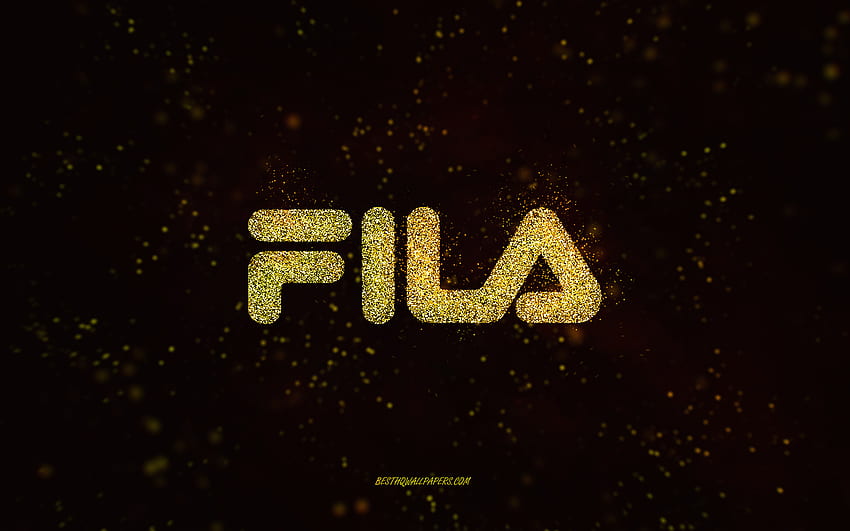 Fila glitter logo, , black background, Fila logo, yellow glitter art, Fila, creative art, Fila yellow glitter logo HD wallpaper