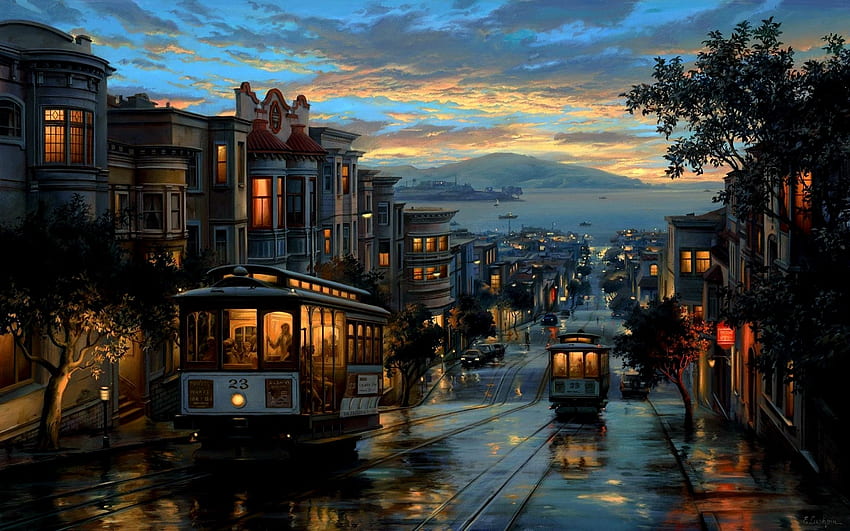 trolly, rain, streetcars, sky, clouds, san francisco, night. Cool, San Francisco at Night HD wallpaper