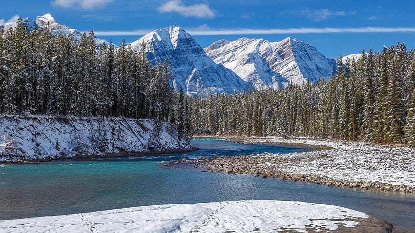 Bow River, Banff NP, Alberta, neve, inverno, alberi, paesaggio, foresta, montagne, Canada Sfondo HD