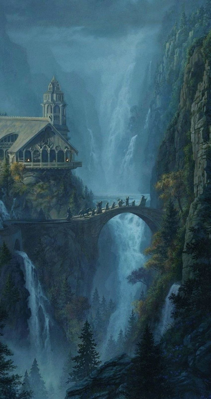 The Fellowship Leaves Rivendell โดย Jerry Vanderstelt ภูมิทัศน์ศิลปะแฟนตาซี ภูมิทัศน์แฟนตาซี ศิลปะมิดเดิ้ลเอิร์ธ อิมลาดริส วอลล์เปเปอร์โทรศัพท์ HD