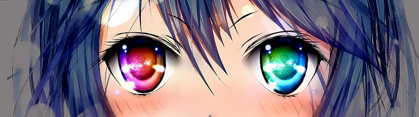 큰 빨간색과 녹색 눈을 가진 소녀 듀얼 스크린, 3840X1080 애니메이션 HD 월페이퍼