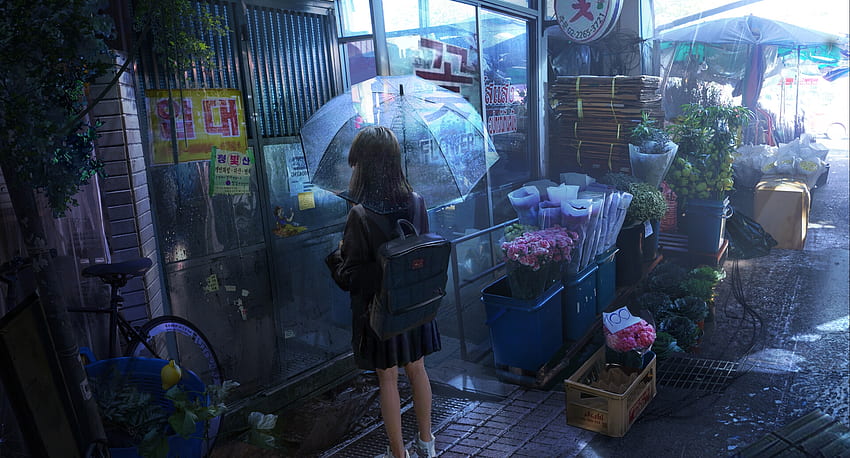 Rainy day, umbrella, rain, girl, purple, shop, anime, fantasy, flower, lee su yeon, manga, leesuyeon HD wallpaper
