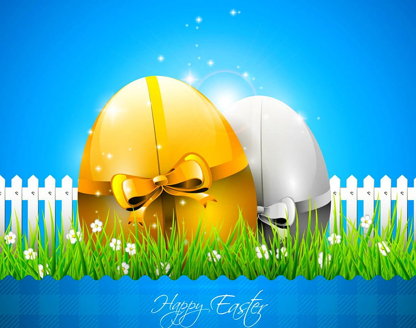 Easter Eggs, grass, Easter, eggs, ribbon HD wallpaper