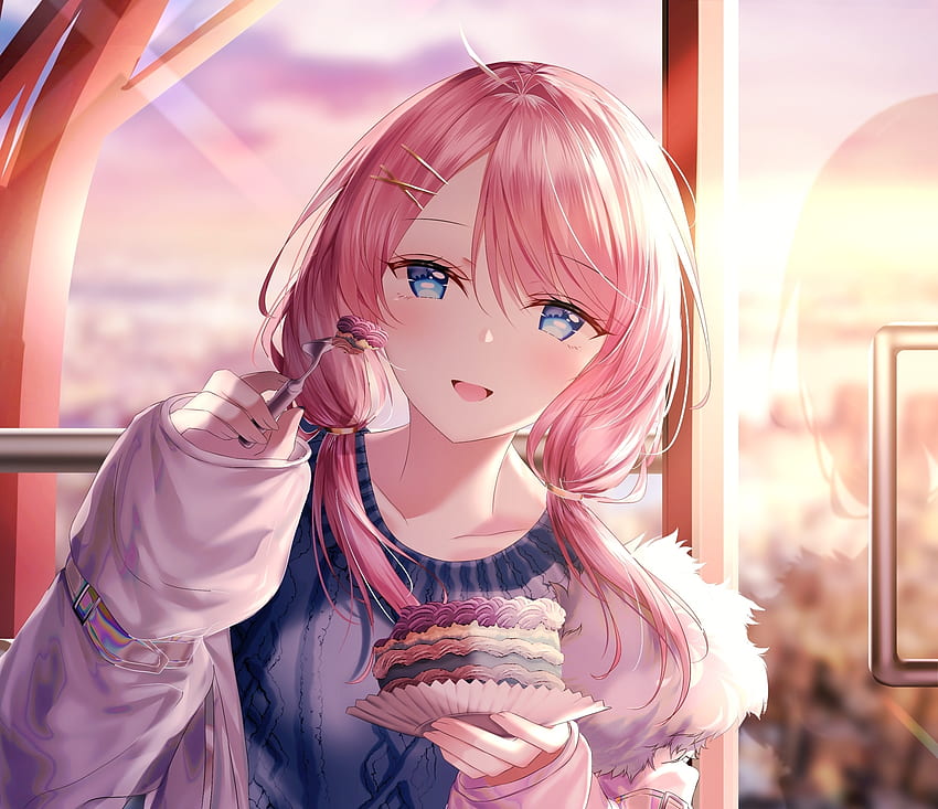 Cute, anime girl, beautiful, eating cake HD wallpaper