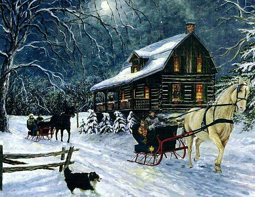 Old Fashioned Christmas, winter, artwork, horses, sleigh, painting, snow, people, cabin HD wallpaper
