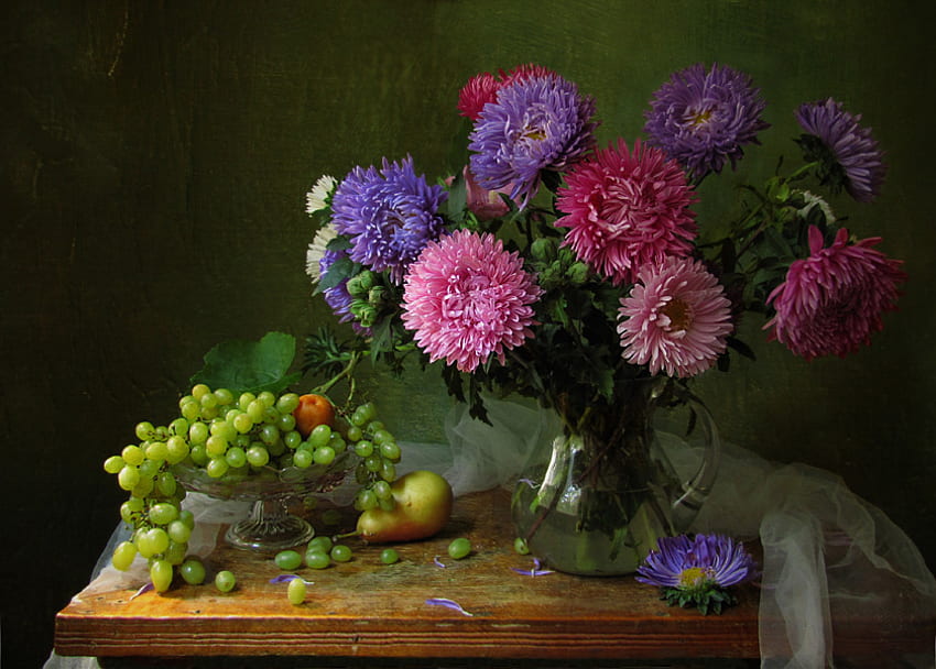 Güzel Natürmort, aster, mor, tablo, pembe, üzüm, güzel, çiçekler, sevimli HD duvar kağıdı