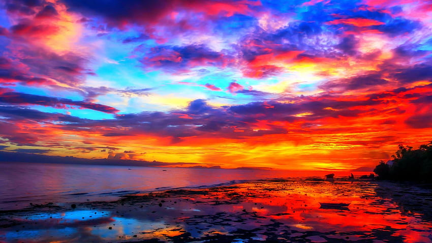 Sunsets Fiery Sunset Colorful Skies Ocean Sky Colors, Rainbow Sunset HD wallpaper