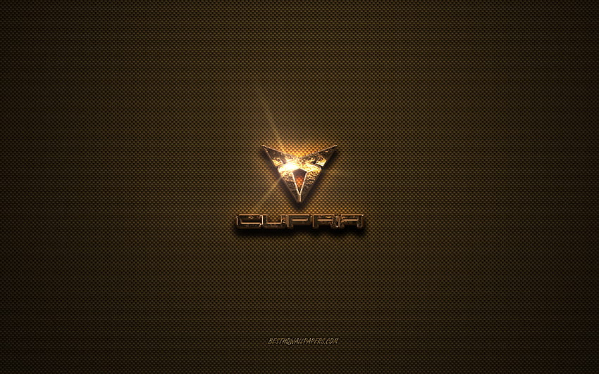 Złote logo Cupra, grafika, brązowe metalowe tło, godło Cupra, kreatywne, logo Cupra, marki, Cupra Tapeta HD