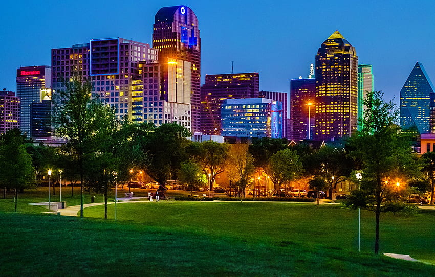 city, lights, USA, trees, night, park, evening, Texas, Dallas, buildings, cityscape, skycrapers for , section город -, Dallas City HD wallpaper