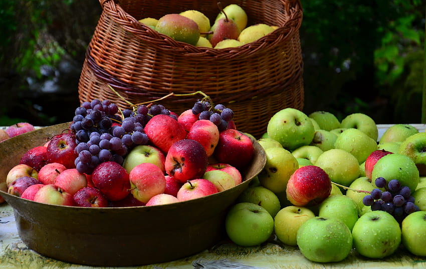 comida, manzanas, uvas, lote, cesta, cestas fondo de pantalla