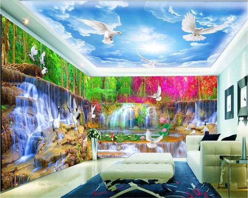 Beibehang Beautiful Large Scale Interior Decoration Forest Waterfall