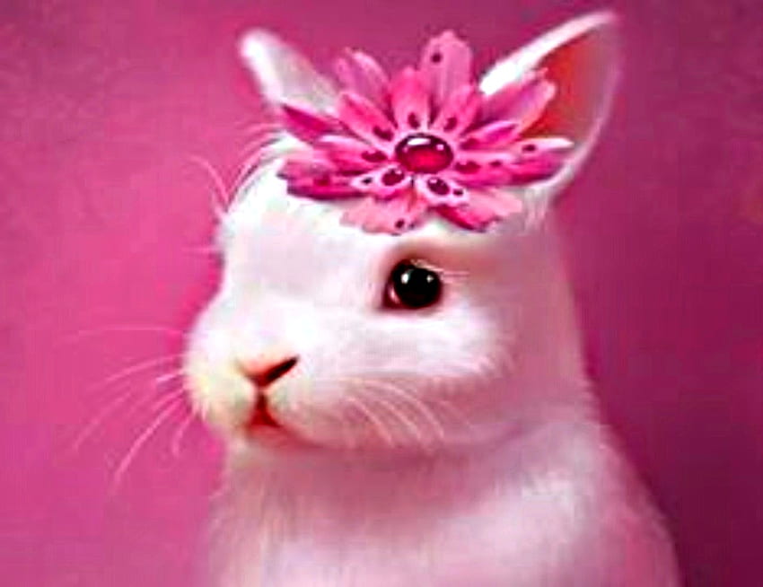 Różowy króliczek (dla Mimibunny), zwierzęta, biały, oczy, króliczek, różowy, kapelusz w kwiaty Tapeta HD