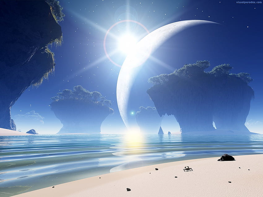 Alien ocean. Shine Moon Crab Alien Ocean Sea Waves Erosion Star Lens. Anime scenery , Fantasy landscape, Planets art HD wallpaper