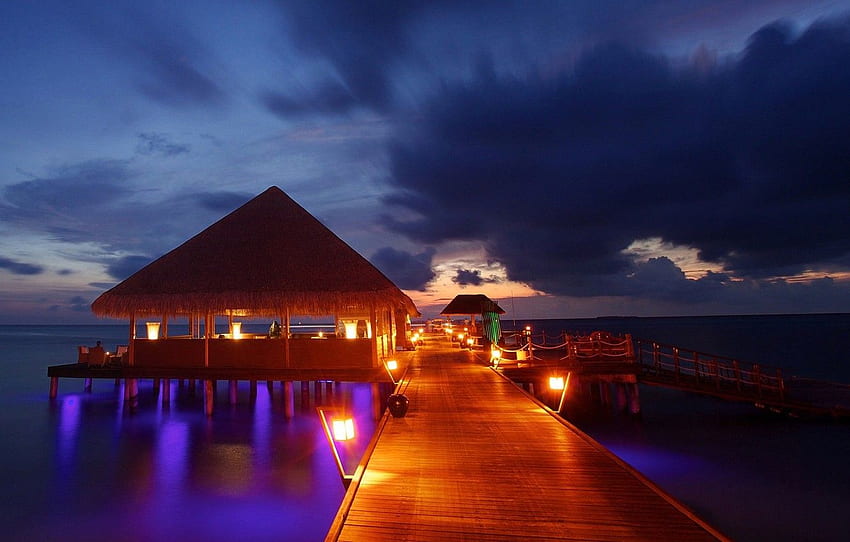 lights, night, Maldives, pier, lamps, tropical, resort HD wallpaper
