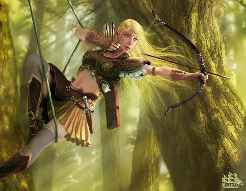 Il vento, il vento, l'arco, l'arciere, gli alberi, la freccia, la donna, l'elfo dei boschi Sfondo HD