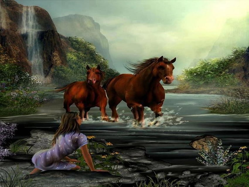Коне в реката, река, красиви коне, красива природа, красиви цветя, момиче, водопади, Коне, мъгла, фантазия HD тапет