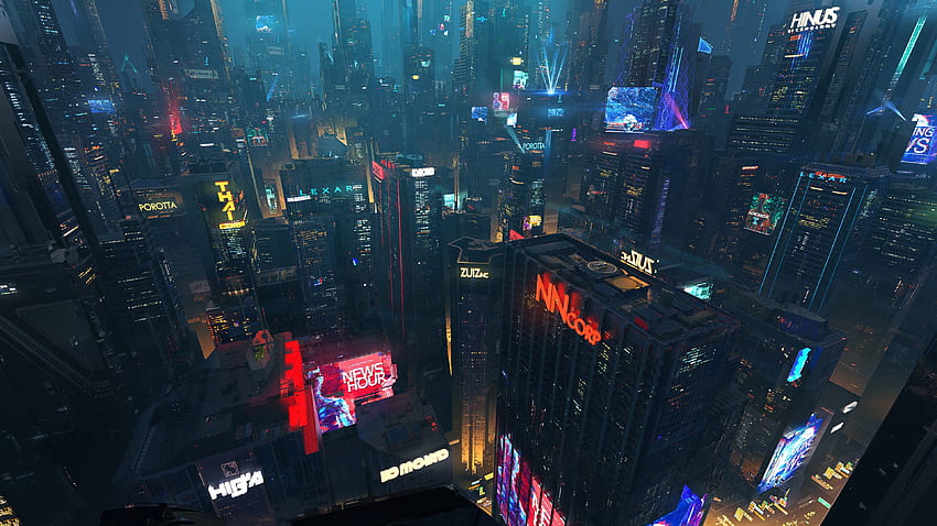 Paisaje urbano, ciudad futurista, noche, edificios, oscuro. fondo de pantalla