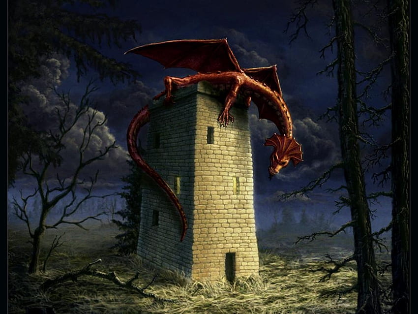The keeper, fantasy, tower, dragon, keeper, guard HD wallpaper
