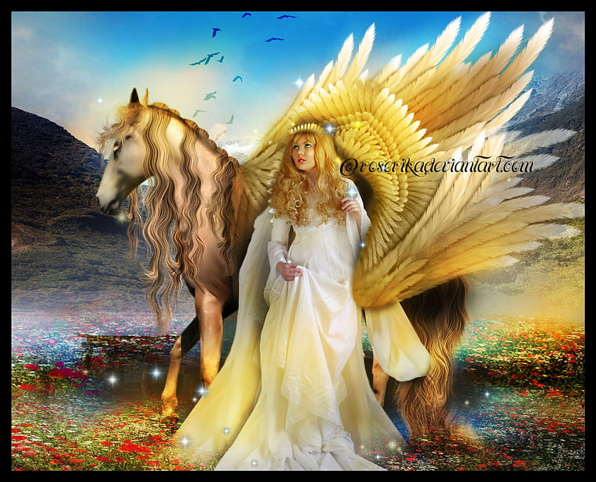 Prenses ve Pegasus, bayan, pegasus, prenses, fantezi HD duvar kağıdı