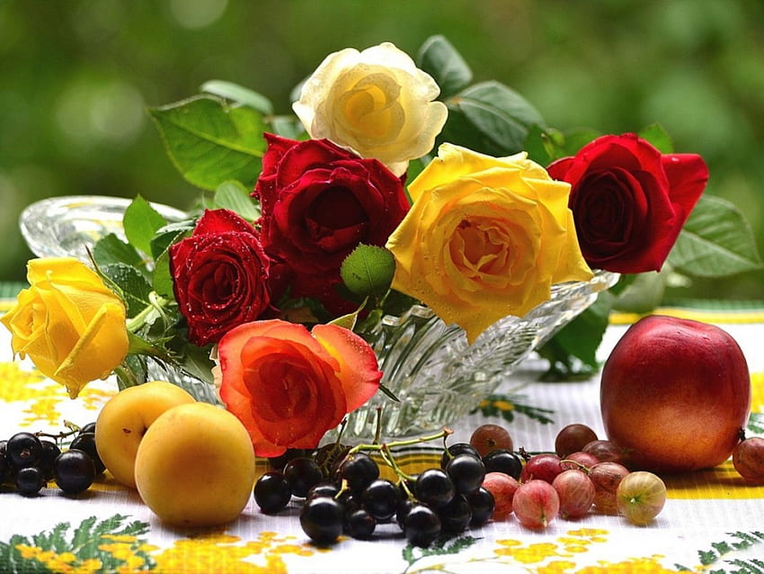Stillleben, bunt, Blumenstrauß, Rosen, Vase, Früchte, frisch, Natur, Blumen HD-Hintergrundbild