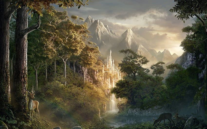 Fantasi, Pegunungan, Hutan, Rusa Wallpaper HD
