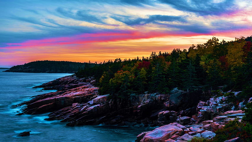 Acadia National Park Sunset ตามแนวชายฝั่งที่ขรุขระ สหรัฐอเมริกา ทะเล ภูมิทัศน์ สี เมฆ ท้องฟ้า เมน หิน วอลล์เปเปอร์ HD