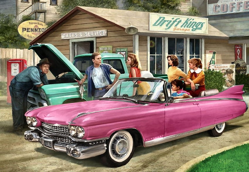 The Pink Caddy F1C, Cadillac, Kunst, Autos, schön, Automobil, Illustration, Kunstwerk, rosa, Breit, Malerei, Auto HD-Hintergrundbild