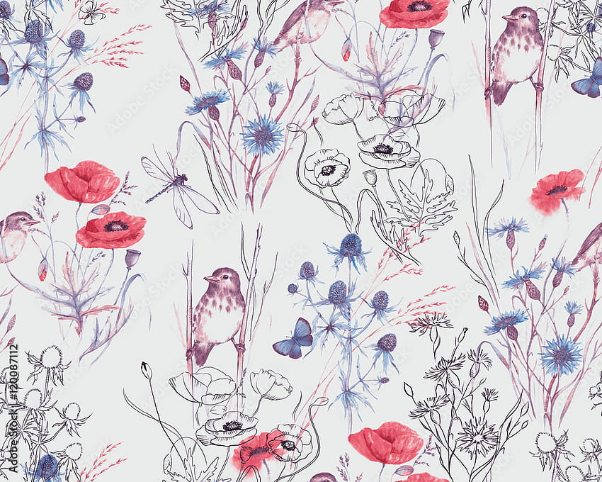 Hand Drawn Watercolor Floral Seamless Pattern. Summer Meadow Flowers Poppy, Cornflowers, Grass, Feverweed, Butterflies And Birds On The White Background, Repeated Pattern For Textile, . Stock Illustration. Adobe Stock, Watercolor Floral Summer HD wallpaper