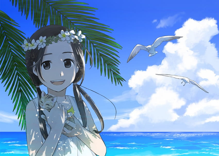 ~Together In Paradise~, brown eyes, birds, shade, kitty, girl, beach, summer, palm tree, anime, clouds, flowers, happy, sky, water, ocean HD wallpaper