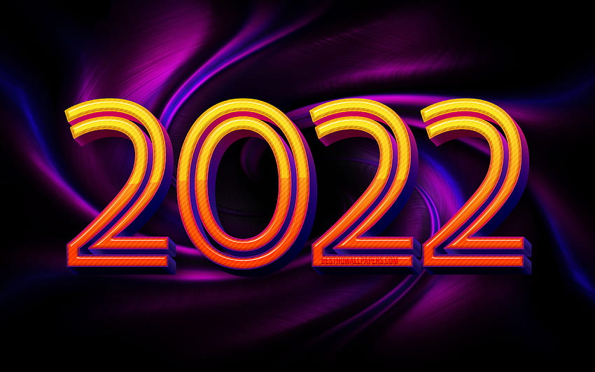 2022 cifre 3D gialle, Felice Anno Nuovo 2022, vortice viola, 2022 concetti, arte per bambini, 2022 capodanno, 2022 su viola, cifre dell'anno 2022 Sfondo HD