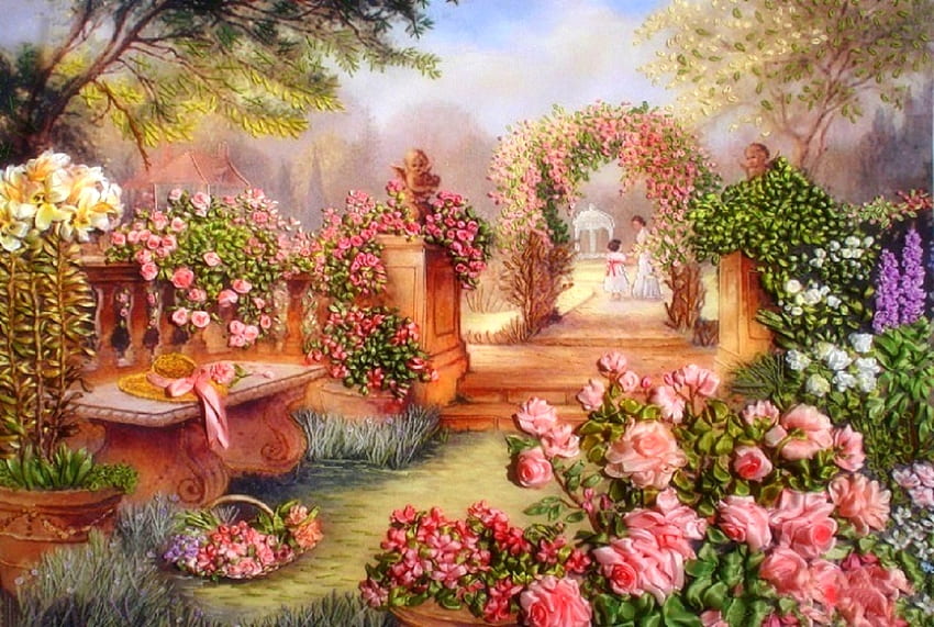 ローズ アーバー、バラ、夢のアトラクション、門、庭、絵画、春、夏、四季を愛する、アーチ、自然、花、バラの庭 高画質の壁紙